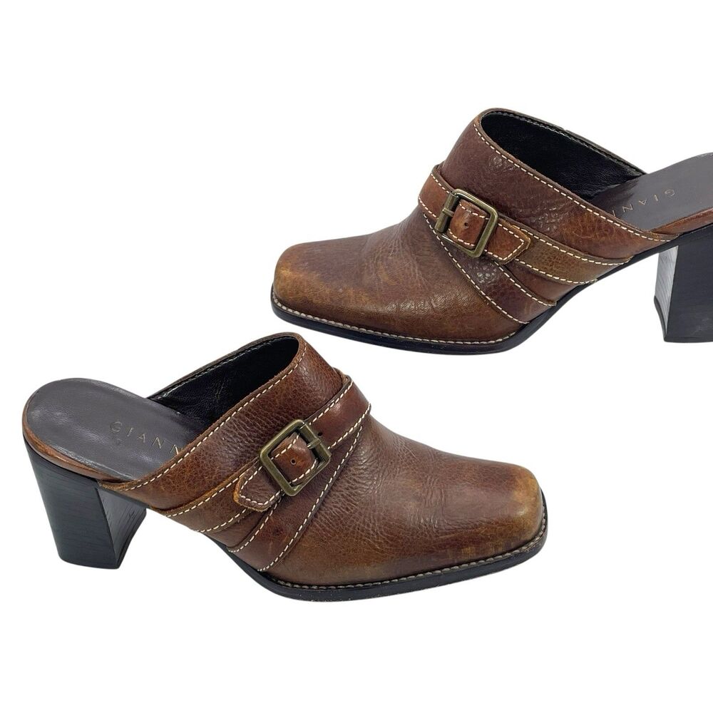 Gianni Bini | Brown Leather Buckle Accent Heeled Mules | Size 6